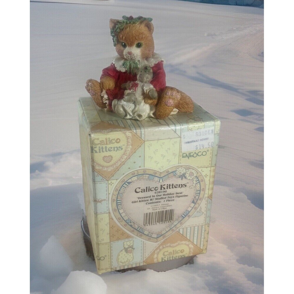 ENESCO CALICO KITTEN Dressed In Our Holiday Best Vintage Christmas 1993 Retired